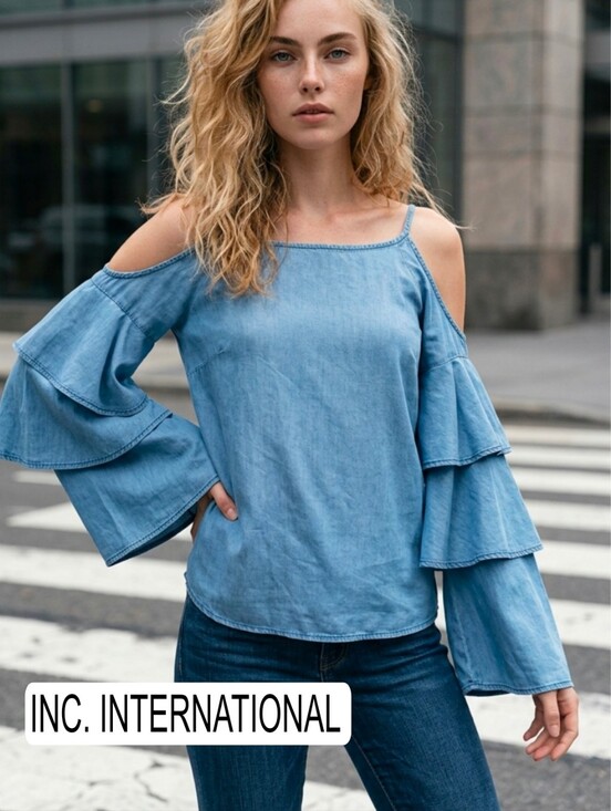 INC International Concepts Tops - INC. INTERNATIONAL Chambray Ruffled Cold Shoulder Top